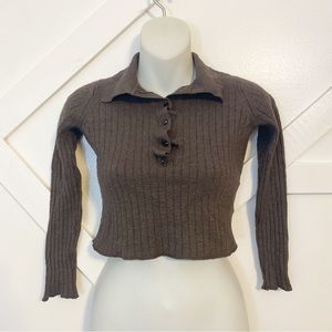 Vince Ribbed Knit Pullover Button Up Collared Polo Luxe Wool Silk Brown Sz S